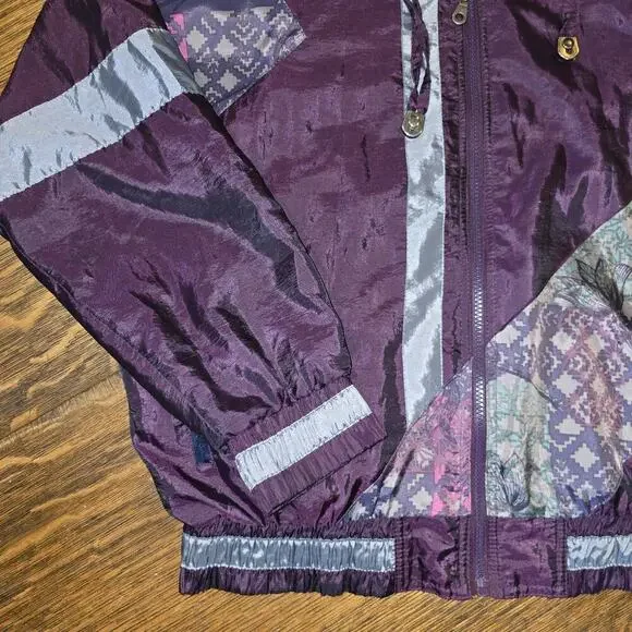 Vintage 80s 90s Energy Zone Windbreaker Jacket Purple Silver Floral Geometric XL - Picture 3 of 6